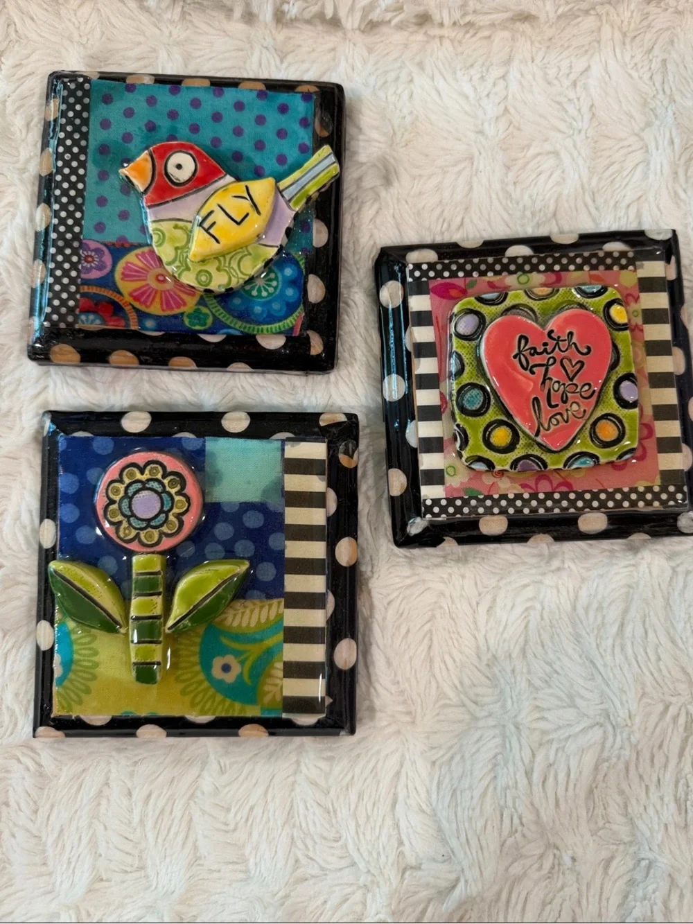 Colorful Ceramic Wall Accent Tiles - Bird, Flower & Heart Set of 3